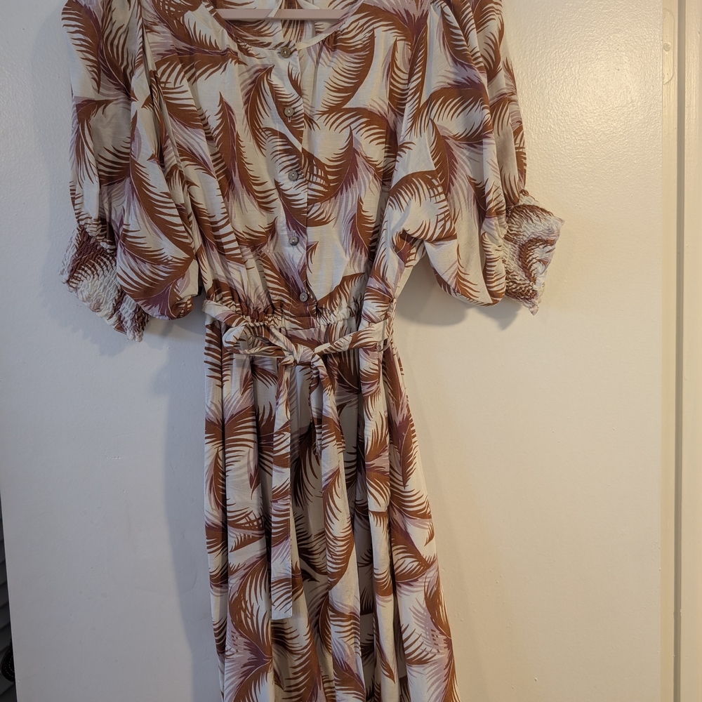 Anthropologie Brown and Cream Leaf Midi Dress